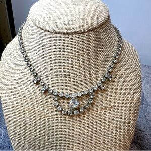 Mid-Century Silver Rhinestone Bib Necklace Choker
